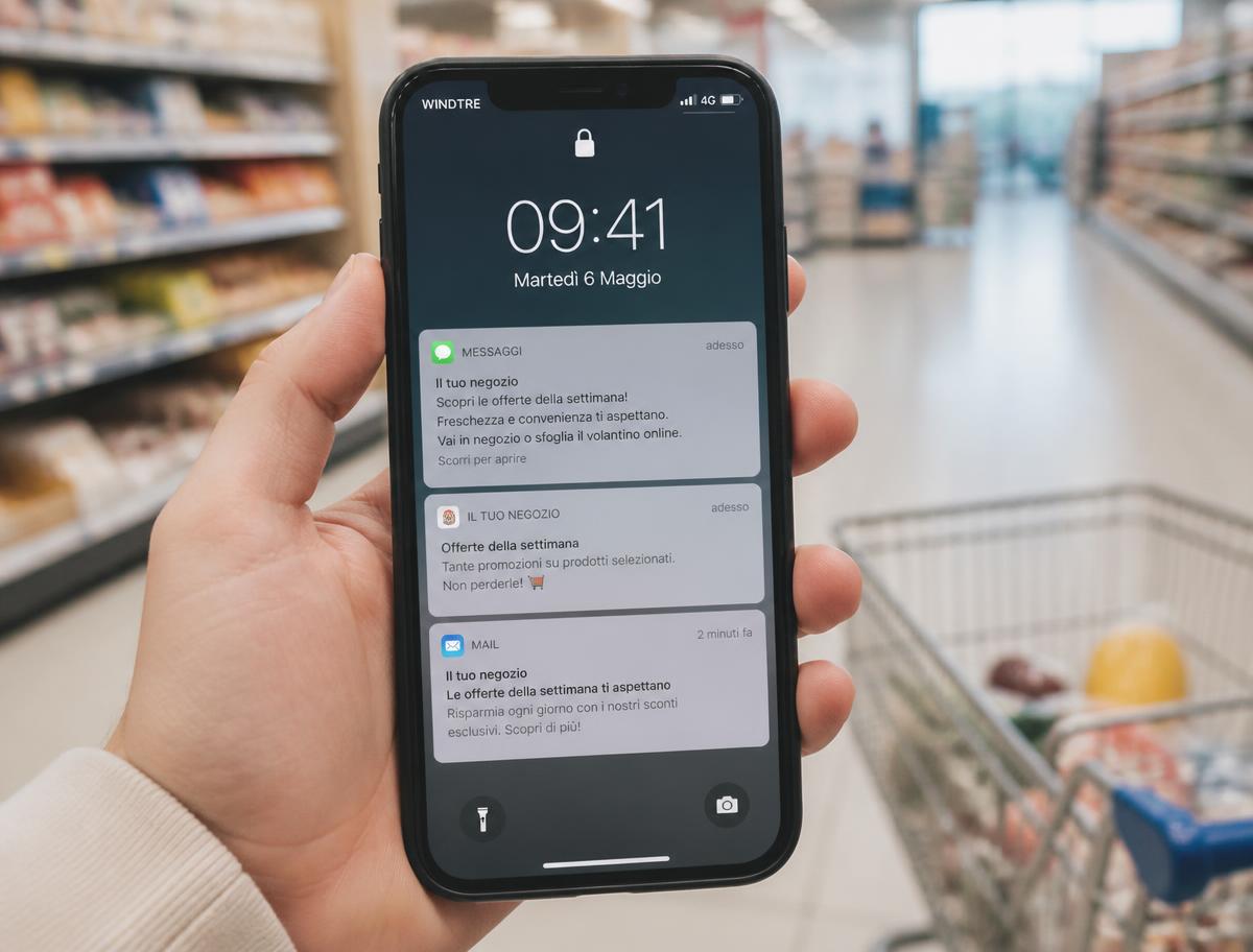 Smartphone con notifiche SMS, push ed email di un punto vendita