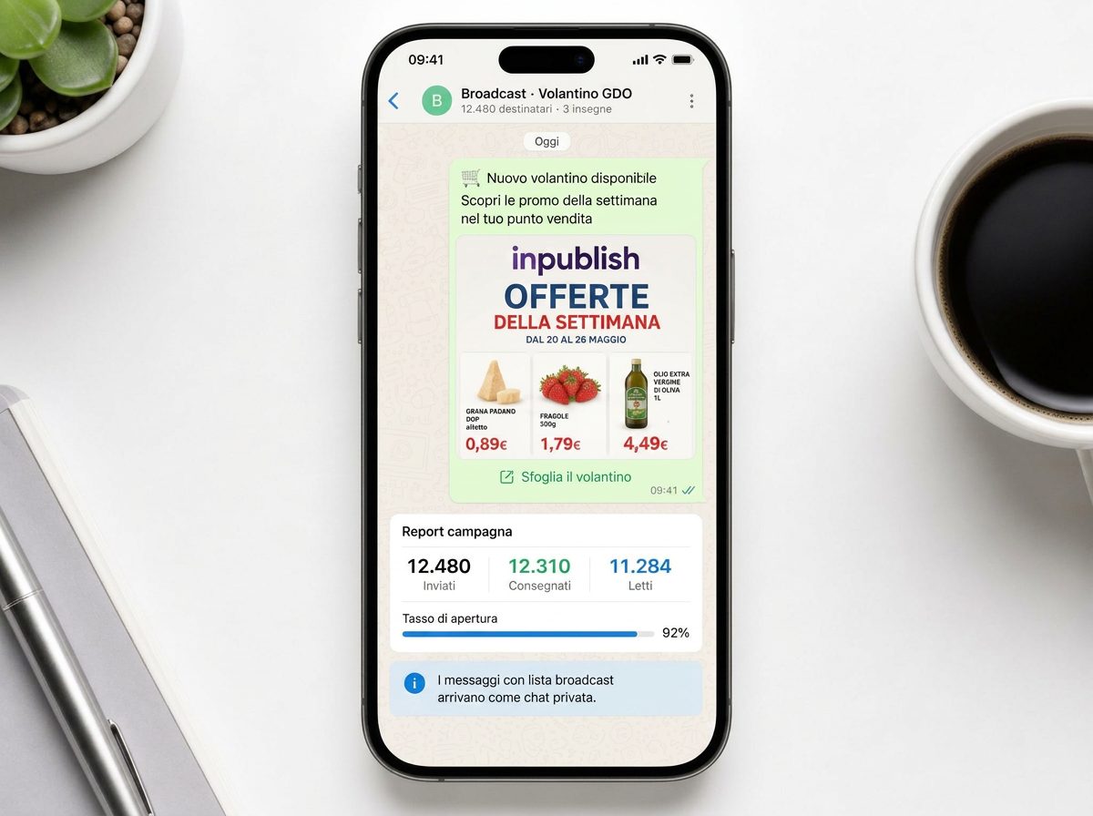 Broadcast WhatsApp Business con volantino della spesa e report di campagna